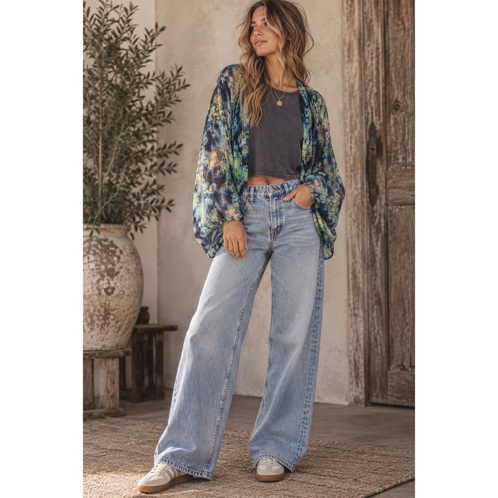 FP One Free People Blue Green Pixel Floral Metallic Shimmer Kimono Shrug Medium